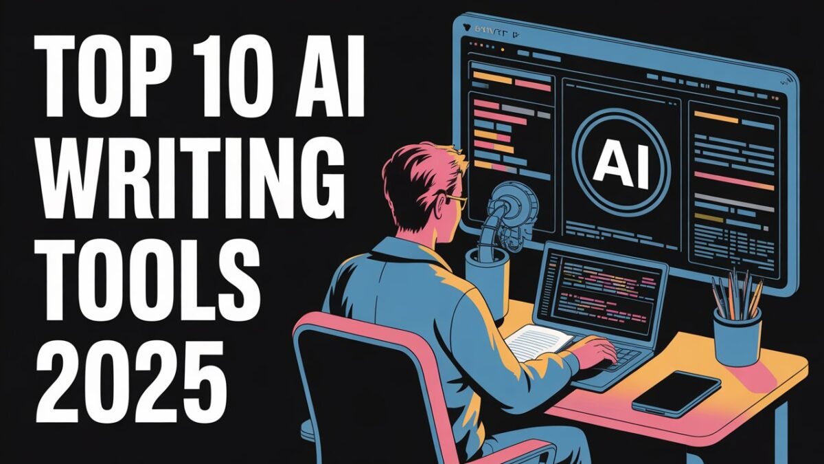 Thumbnail showing a writer using AI writing tools in 2025 on a laptop with futuristic interface