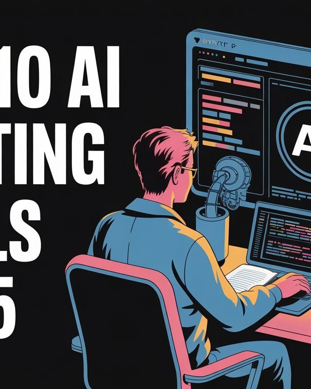 Thumbnail showing a writer using AI writing tools in 2025 on a laptop with futuristic interface