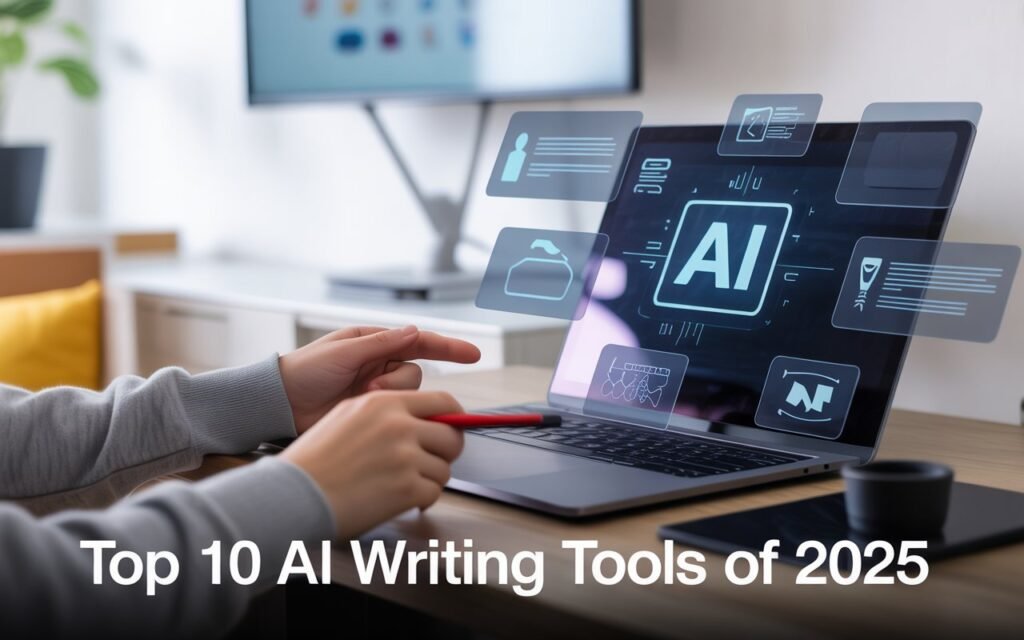 Top 10 AI Writing Tools of 2025 displayed on a futuristic digital workspace with laptop and AI icons