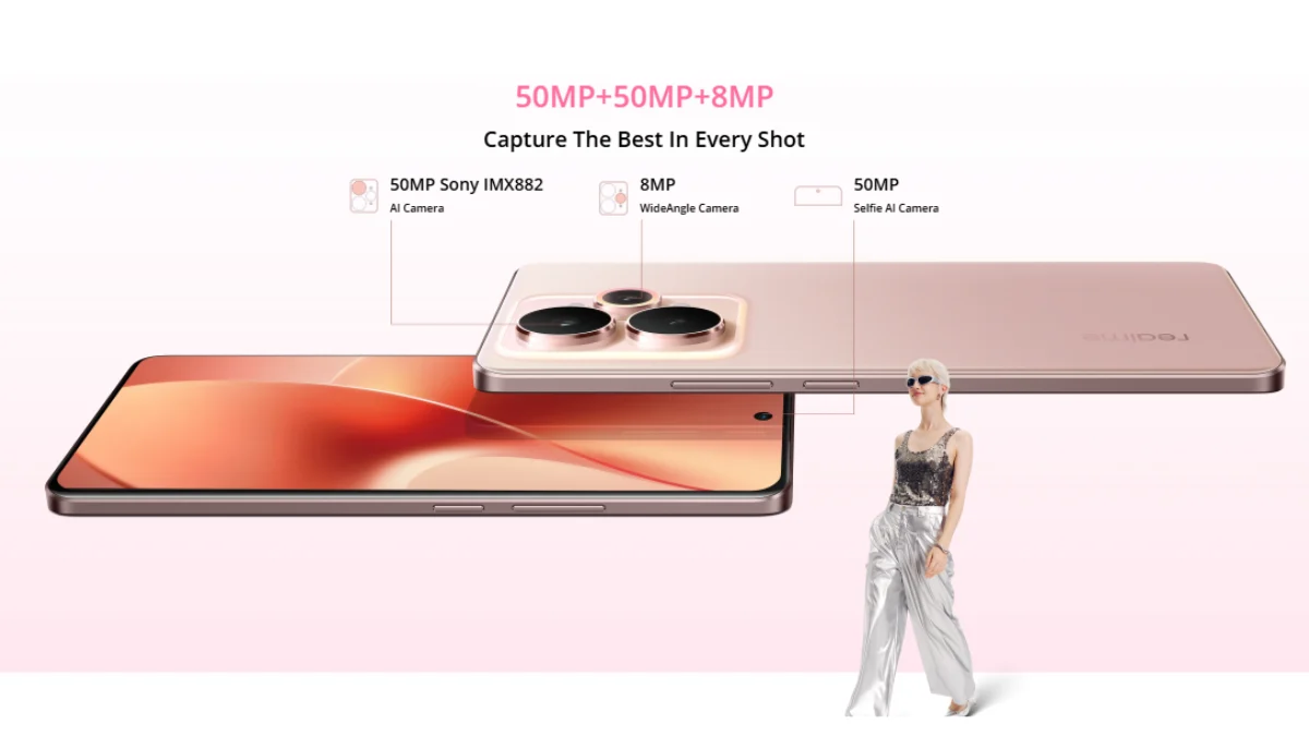 Realme 15 5G smartphone in Racing Silver with 7000mAh battery and dual 50MP camera