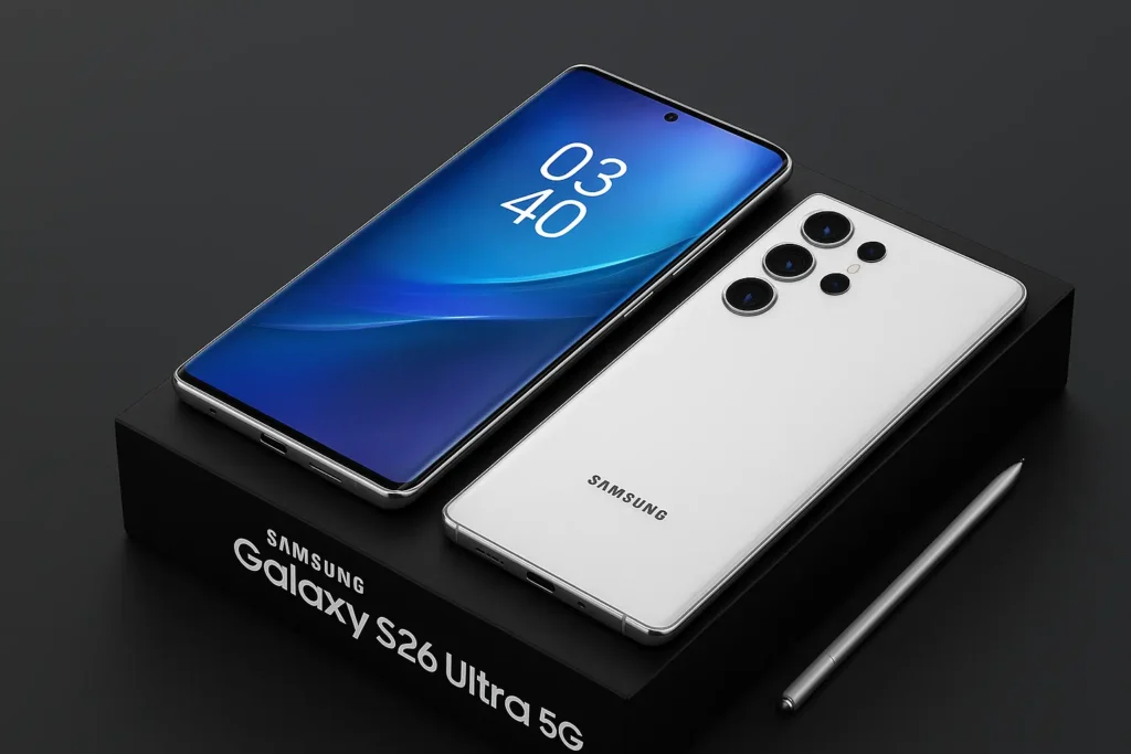 Samsung Galaxy S26 Ultra 5G white variant with stylus and premium box packaging
