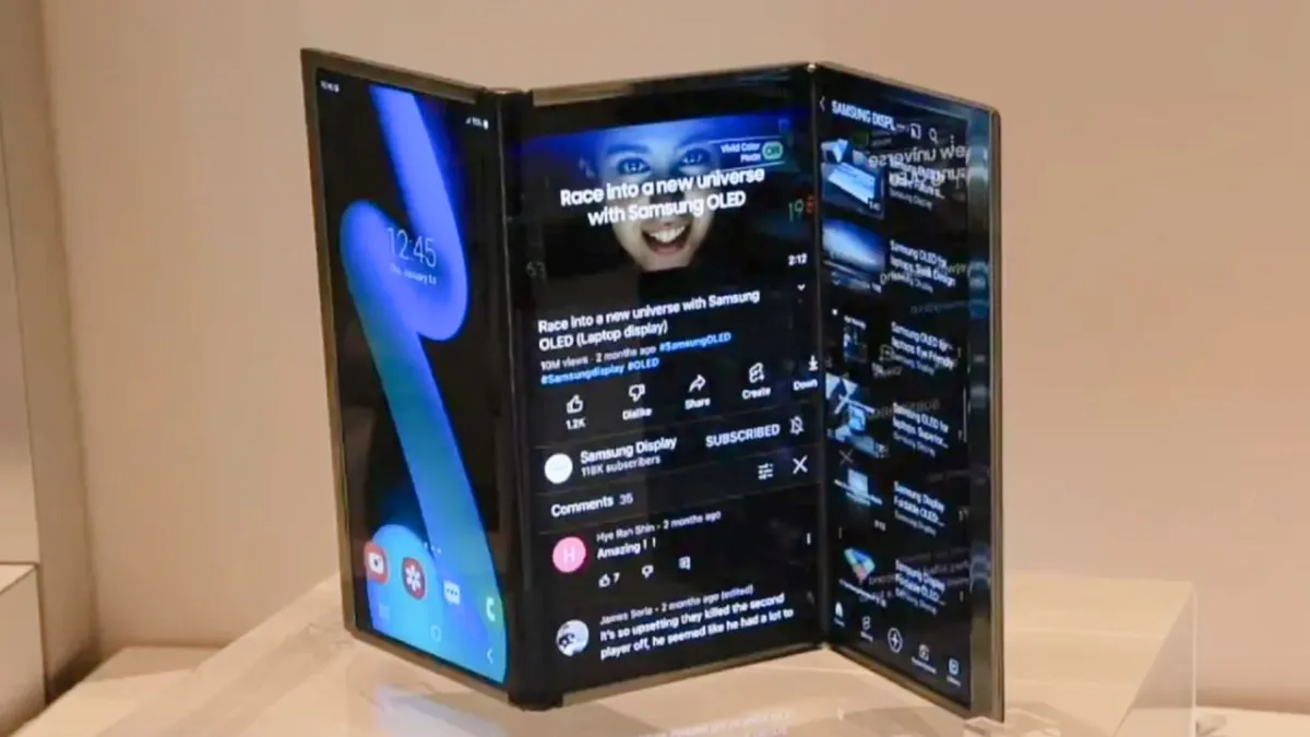 Samsung Galaxy Z Tri-Fold smartphone with triple-fold display, highlighting its innovative foldable design and premium build.