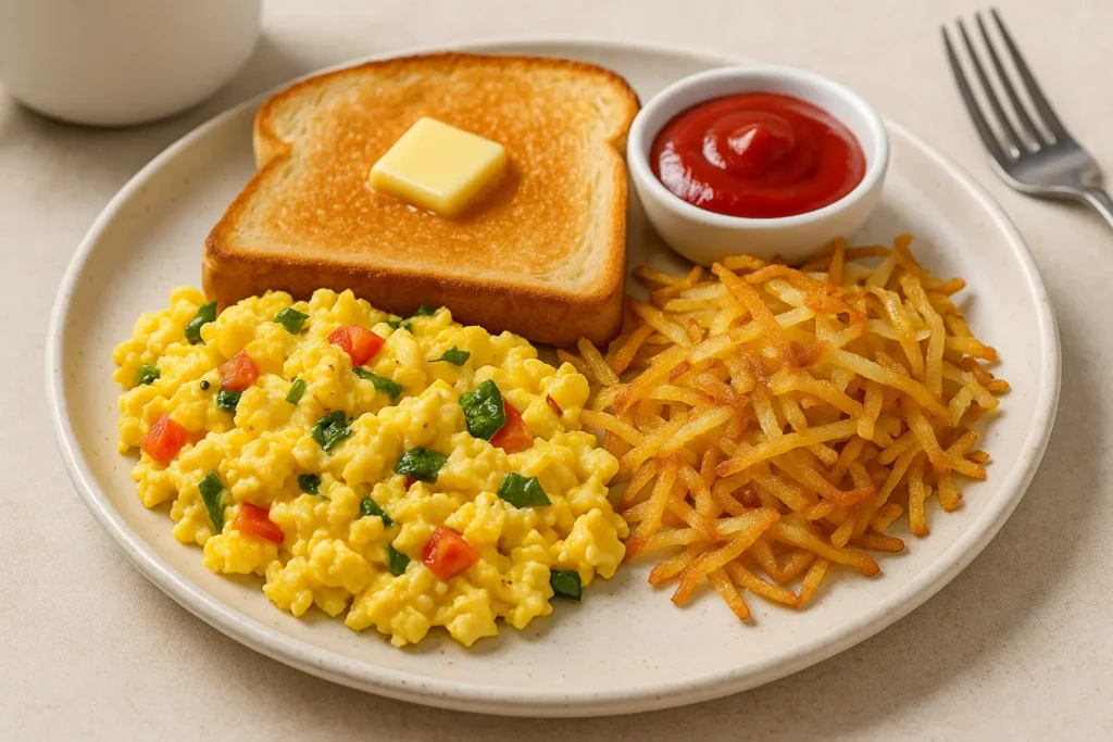 Easy American Breakfast Recipe: A Quick & Delicious Morning Meal for Busy People 1 Quick 10-minute American breakfast meal with eggs, veggies, and toasted bread - Easy American Breakfast Recipe
