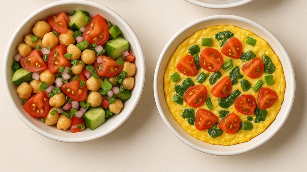 Healthy 5-Minute Meals: Quick & Nutritious Recipes for Busy Americans 2 Healthy 5-minute meal ideas including avocado toast, hummus platter, chickpea salad, and vegetable omelette arranged in bowls.