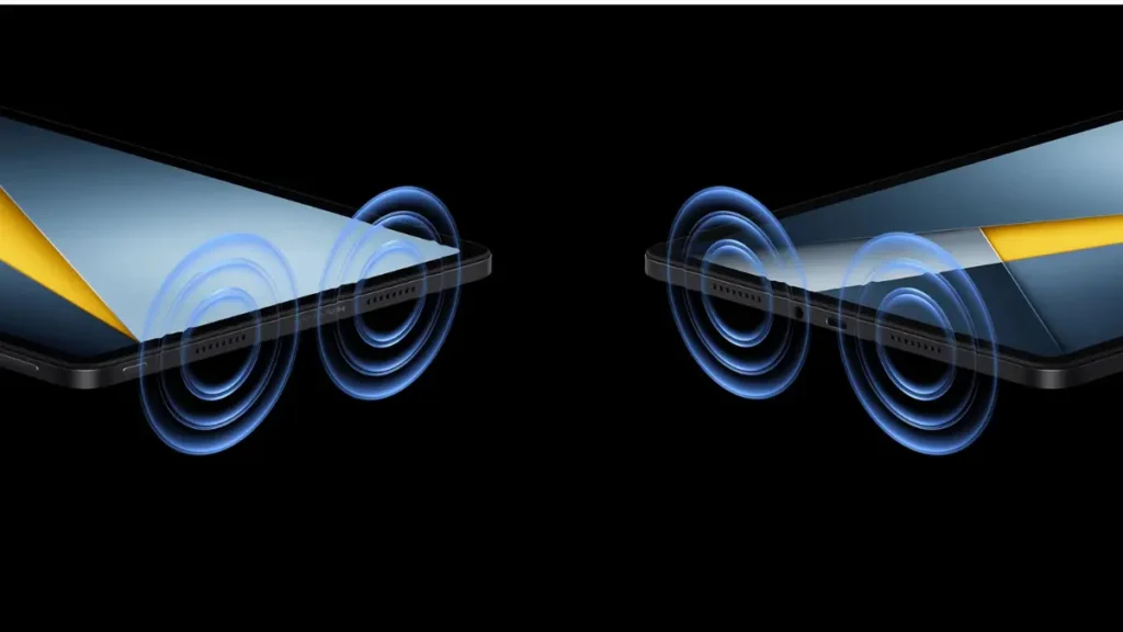 POCO Pad M1 showcasing quad-speaker audio system with immersive sound enhancement for movies and gaming.