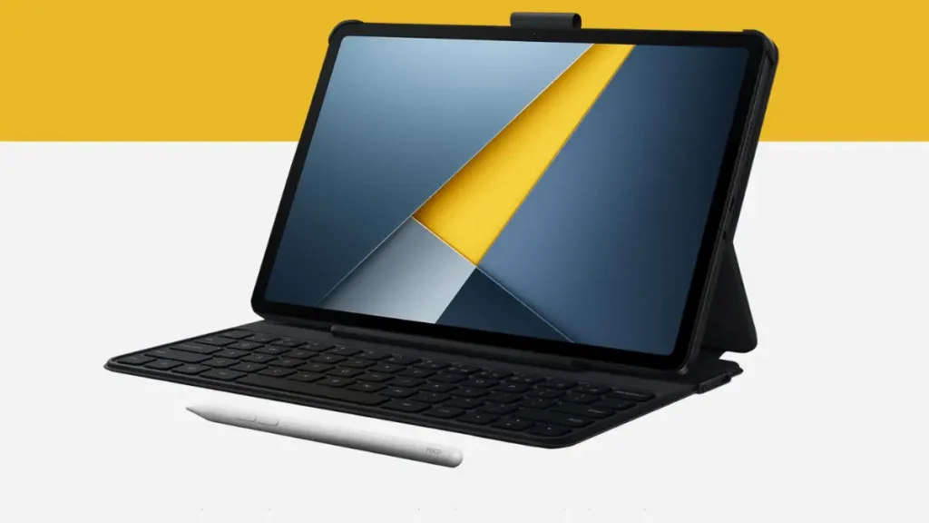 POCO Pad M1 tablet with detachable keyboard and stylus, featuring a 12.1-inch 2.5K display for productivity and creative work.