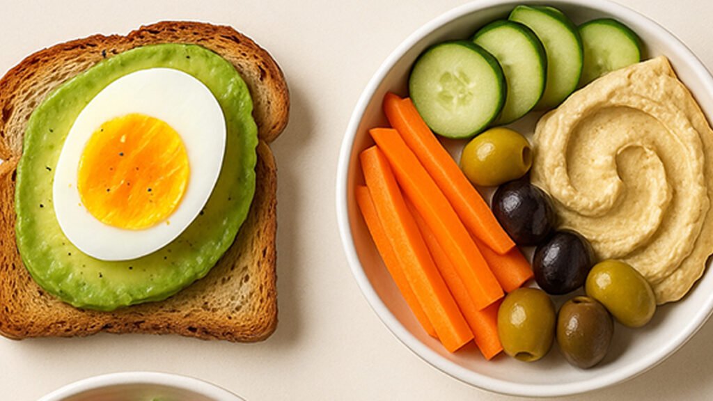 Healthy 5-Minute Meals: Quick & Nutritious Recipes for Busy Americans 1 Top-down view of four healthy 5-minute meals including avocado toast with egg, hummus with fresh vegetables, chickpea salad, and a vegetable omelette.