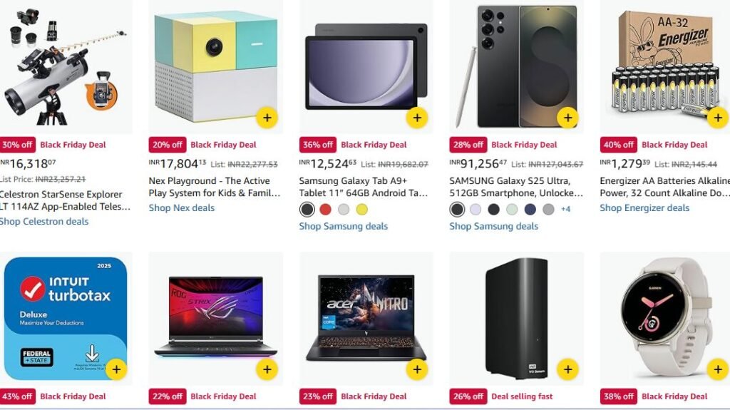 Black Friday 2025 deals on Amazon including telescopes, Nex Playground, Samsung Galaxy Tab A9+, Samsung S25 Ultra, Energizer AA batteries, TurboTax, ASUS ROG laptop, Acer Nitro laptop, WD Elements hard drive, and Garmin smartwatch. - Black Friday Tech Deals Under $50