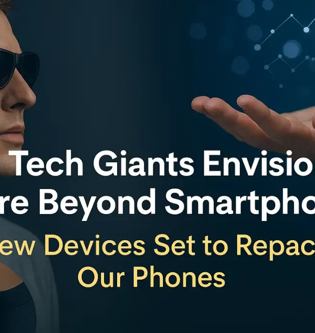 Tech Giants Envision Future Beyond Smartphones: The New Devices Set to Replace Our Phones 5 Man wearing futuristic AR glasses with AI wearable device, representing how tech giants envision a future beyond smartphones