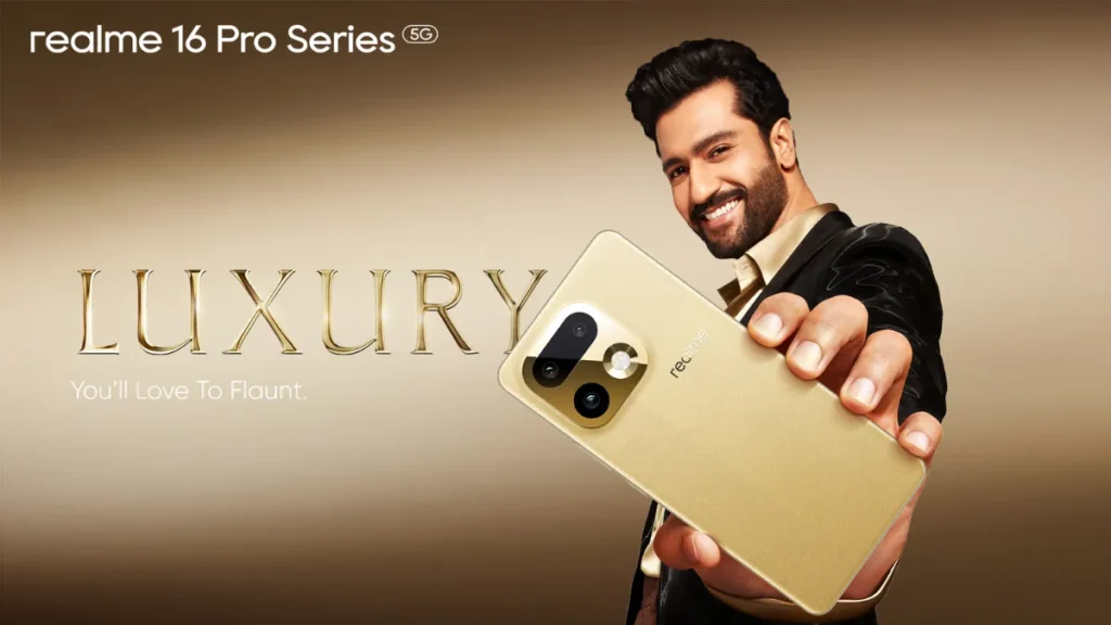 Realme 16 Pro Series 5G smartphone showcasing premium gold finish with 200MP Portrait Master camera and Urban Wild design