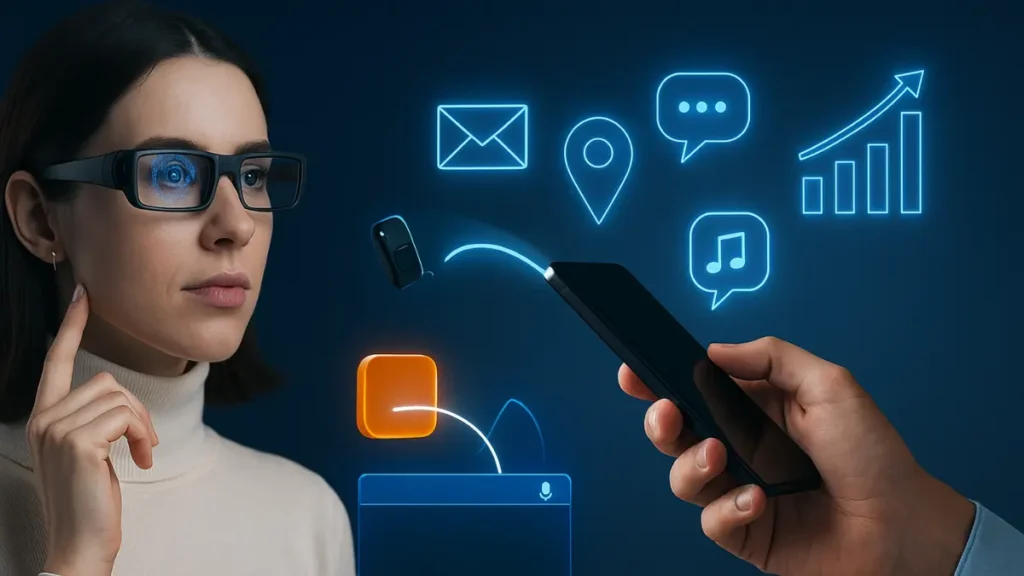 Tech Giants Envision Future Beyond Smartphones: The New Devices Set to Replace Our Phones 1 Woman using AR smart glasses while holographic icons transition from a smartphone, illustrating the shift beyond smartphones - Tech Giants Envision Future Beyond Smartphones