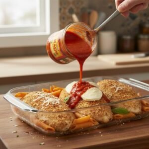 Ragu Chicken Parm Recipe – Easy Baked Chicken Parmesan with Cheesy Pasta 10 Baked chicken placed on top of sauced pasta in a casserole dish