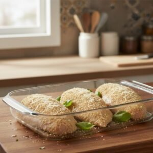 Ragu Chicken Parm Recipe – Easy Baked Chicken Parmesan with Cheesy Pasta 7 Breaded chicken breasts arranged in a baking dish before cooking