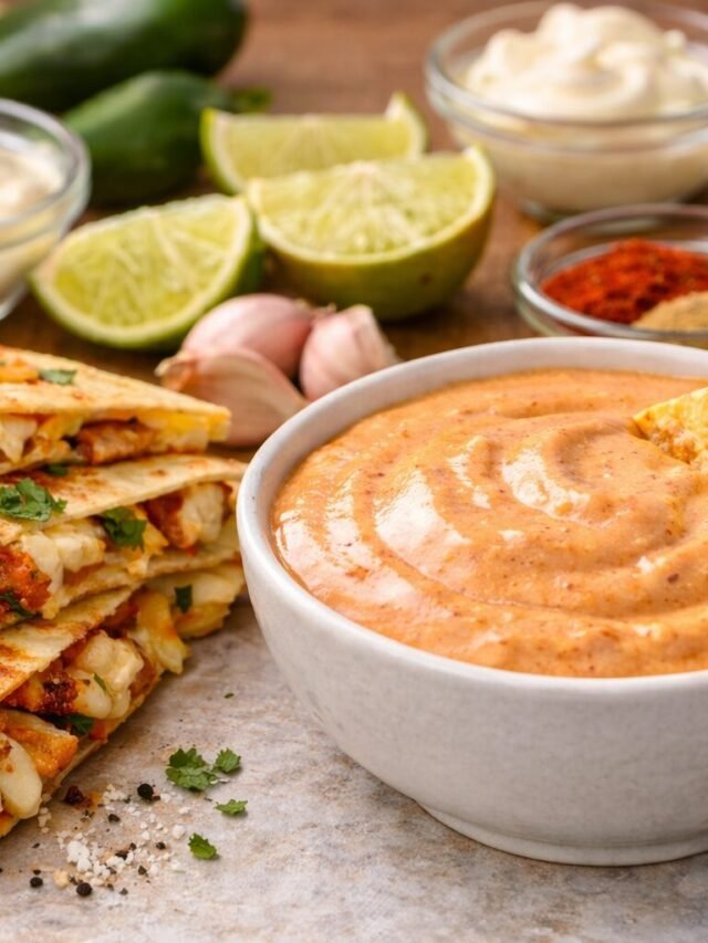 Creamy Quesadilla Sauce Recipe 13 Creamy homemade quesadilla sauce served with crispy chicken quesadillas and fresh ingredients