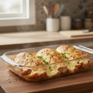 Ragu Chicken Parm Recipe – Easy Baked Chicken Parmesan with Cheesy Pasta 12 Finished Ragu chicken parm recipe with melted cheese and pasta fresh from the oven