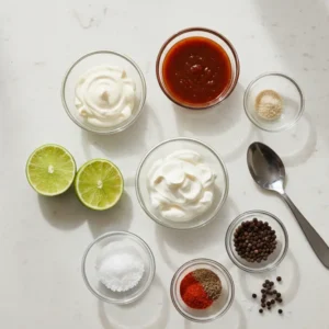 Creamy Quesadilla Sauce Recipe 3 Ingredients for creamy homemade quesadilla sauce arranged on a kitchen counter