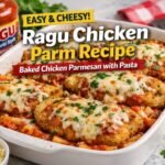 Ragu chicken parm recipe with crispy baked chicken, melted cheese, rich tomato sauce, and pasta served in a baking dish