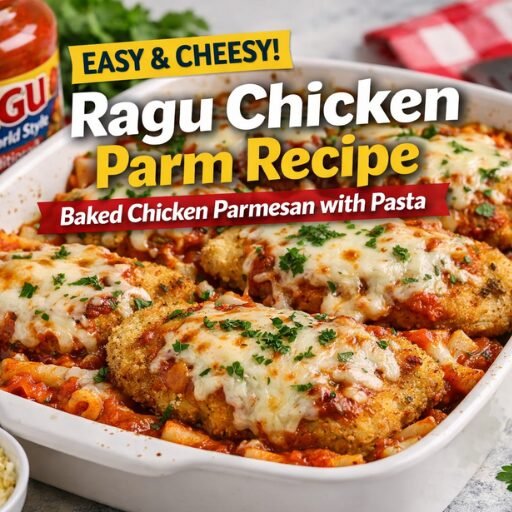 Ragu Chicken Parm Recipe – Easy Baked Chicken Parmesan with Cheesy Pasta 2 Ragu chicken parm recipe with crispy baked chicken, melted cheese, rich tomato sauce, and pasta served in a baking dish