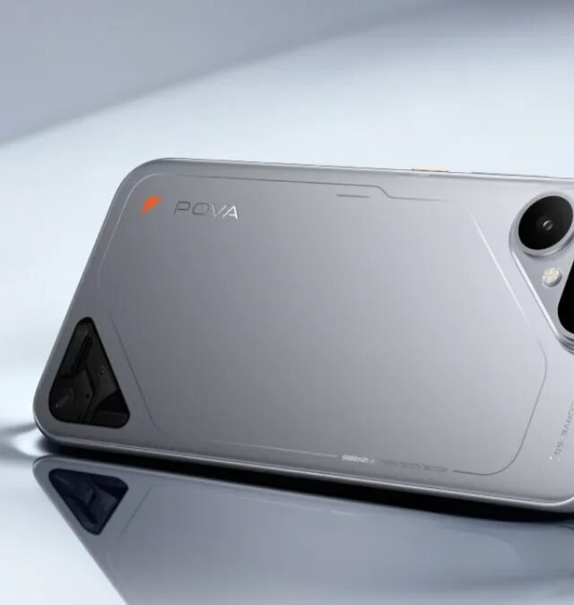 Tecno Pova Curve 2 5G Launched in India: 8000mAh Battery, 144Hz Curved AMOLED Display & Power-Packed Performance Under ₹30,000 2 Tecno Pova Curve 2 5G smartphone in silver color placed horizontally on a reflective surface, showcasing the dual rear camera module and sleek futuristic back design.