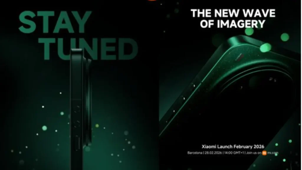 Xiaomi 17 Series teaser thumbnail showing side profile of the smartphone with a large camera module, “Stay Tuned” text, and “The New Wave of Imagery” tagline ahead of February 2026 Barcelona launch.