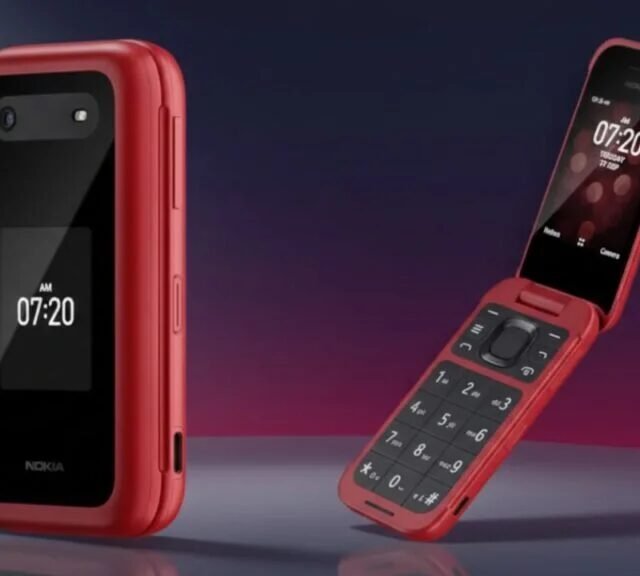 Nokia 2780 Flip red color variant showing closed outer display and open clamshell design with keypad