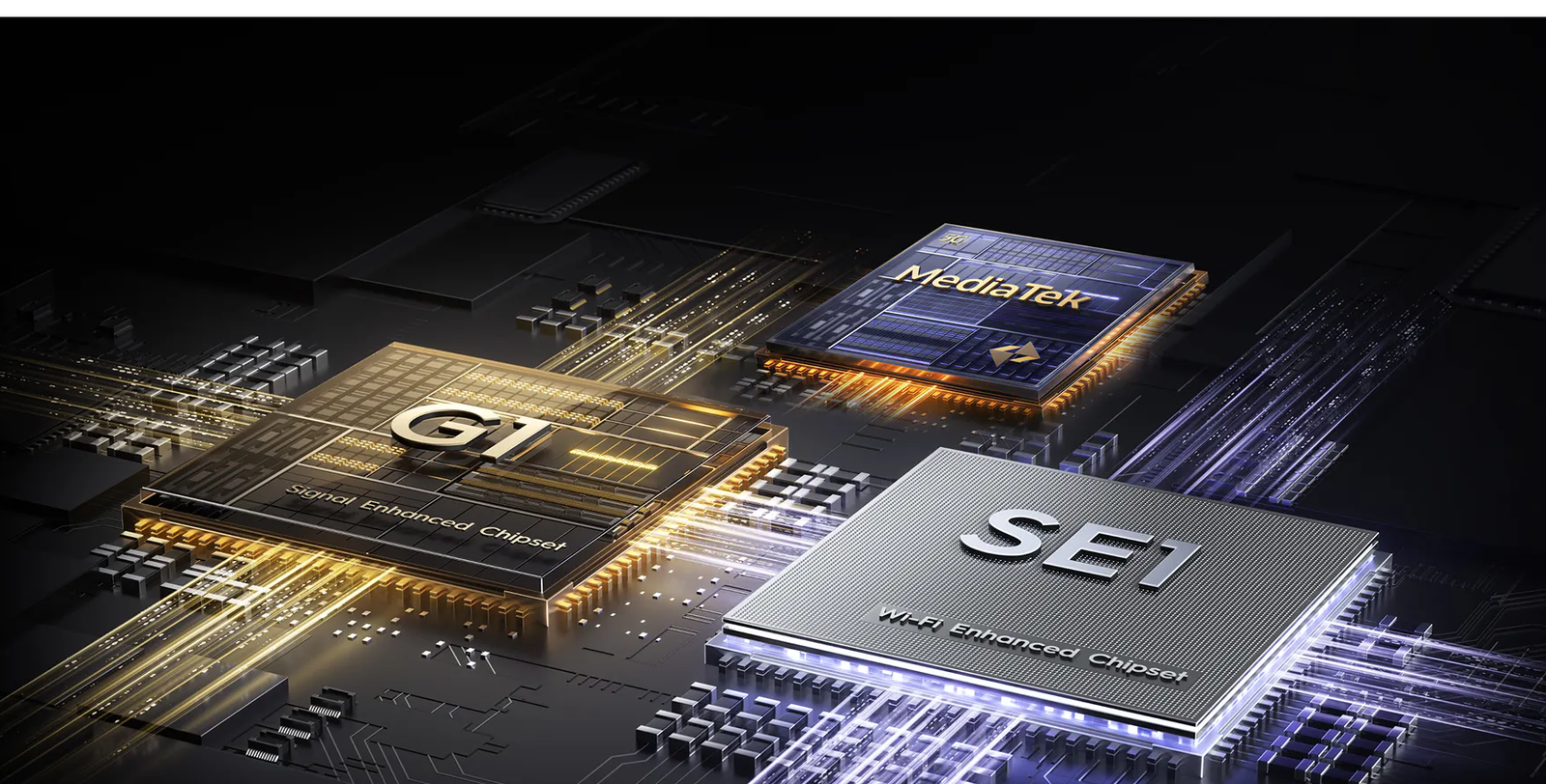 Tecno Pova Curve 2 5G Launched in India: 8000mAh Battery, 144Hz Curved AMOLED Display & Power-Packed Performance Under ₹30,000 2 MediaTek processor with G1 signal enhanced chipset and SE1 WiFi enhanced chipset graphic showing advanced 5G and connectivity technology.