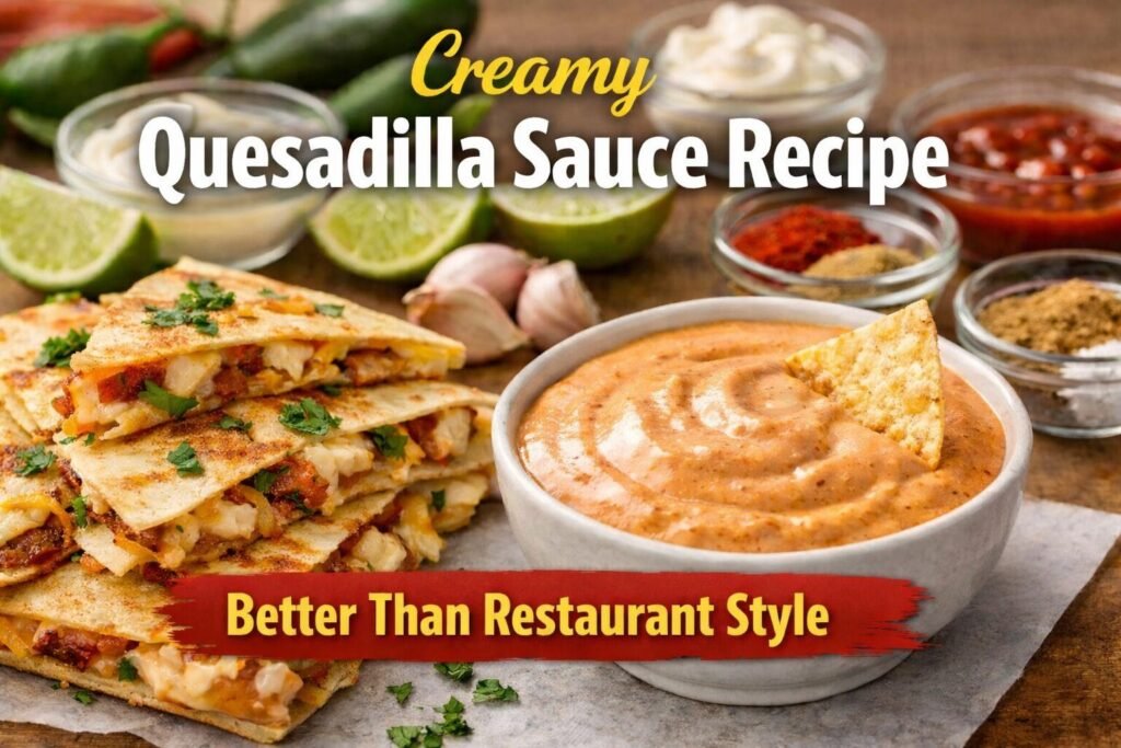 Creamy Quesadilla Sauce Recipe 1 Creamy homemade quesadilla sauce served with crispy chicken quesadillas and fresh ingredients - Quesadilla Sauce Recipe