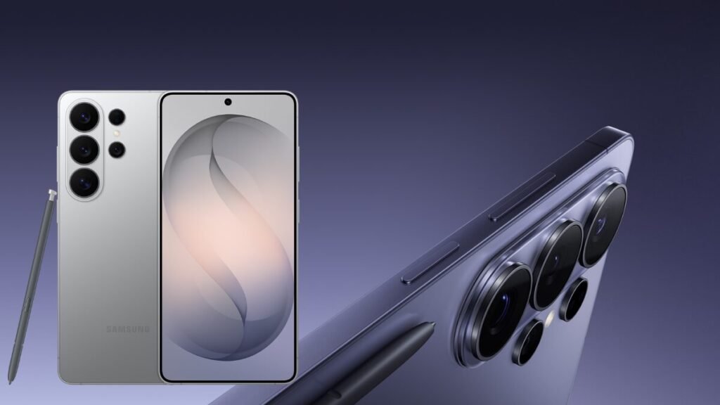 Samsung Galaxy S26 Ultra smartphone showing premium design with quad camera setup, S Pen stylus, and large AMOLED display.