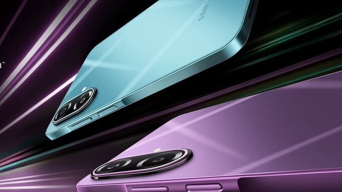 Samsung Galaxy M17e 5G design teaser showing the dual rear camera setup and sleek body in blue and purple color variants.