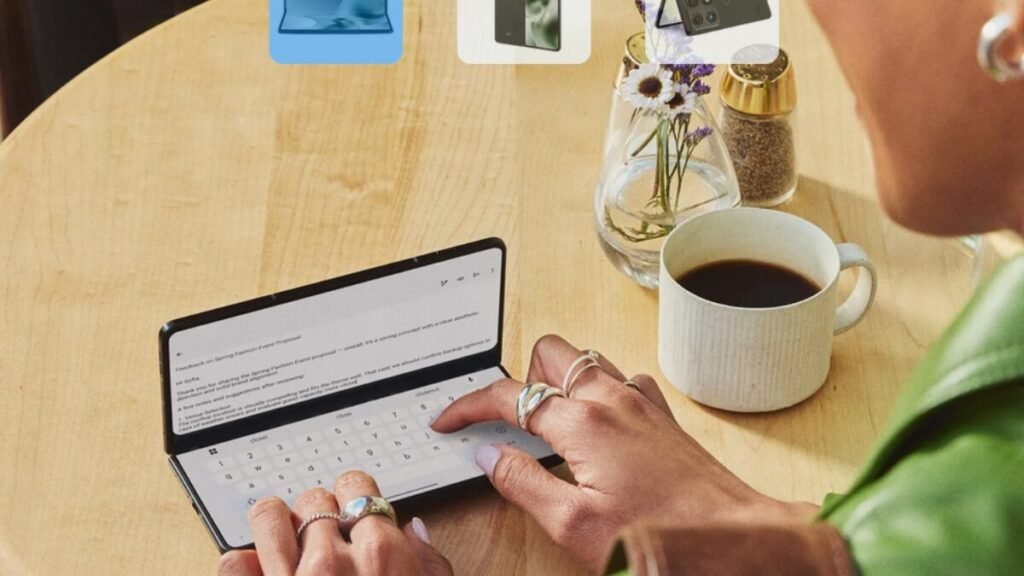 Motorola Razr Fold Launching Soon in India 12 Person using the Motorola Razr Fold like a mini laptop on a café table with split-screen multitasking and virtual keyboard visible on the foldable display.