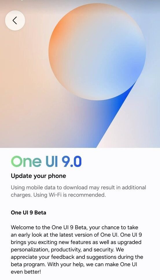 Samsung Launches One UI 9 Beta for Galaxy S26 Series: New AI Features, Android 17 Upgrades 12 Samsung One UI 9.0 Beta update screen displayed on a Galaxy smartphone, highlighting new personalization, productivity, and security features with a minimalist blue and orange design.