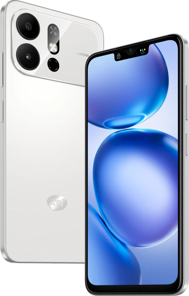 itel A100 Pro Launched in India: Price, Specifications, Features 13 Front and rear view of the itel A100 Pro in Cloud White color featuring a flat-edge design, dual rear AI camera setup, waterdrop notch display, and slim modern body.