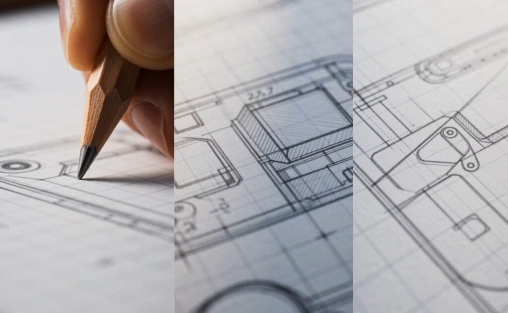 Nothing Phone (4b) Teased: A New Budget Smartphone Series Could Be Coming Soon 13 Close-up smartphone design blueprint showing detailed engineering sketches and a pencil drawing concept elements for the upcoming Nothing Phone 4b.