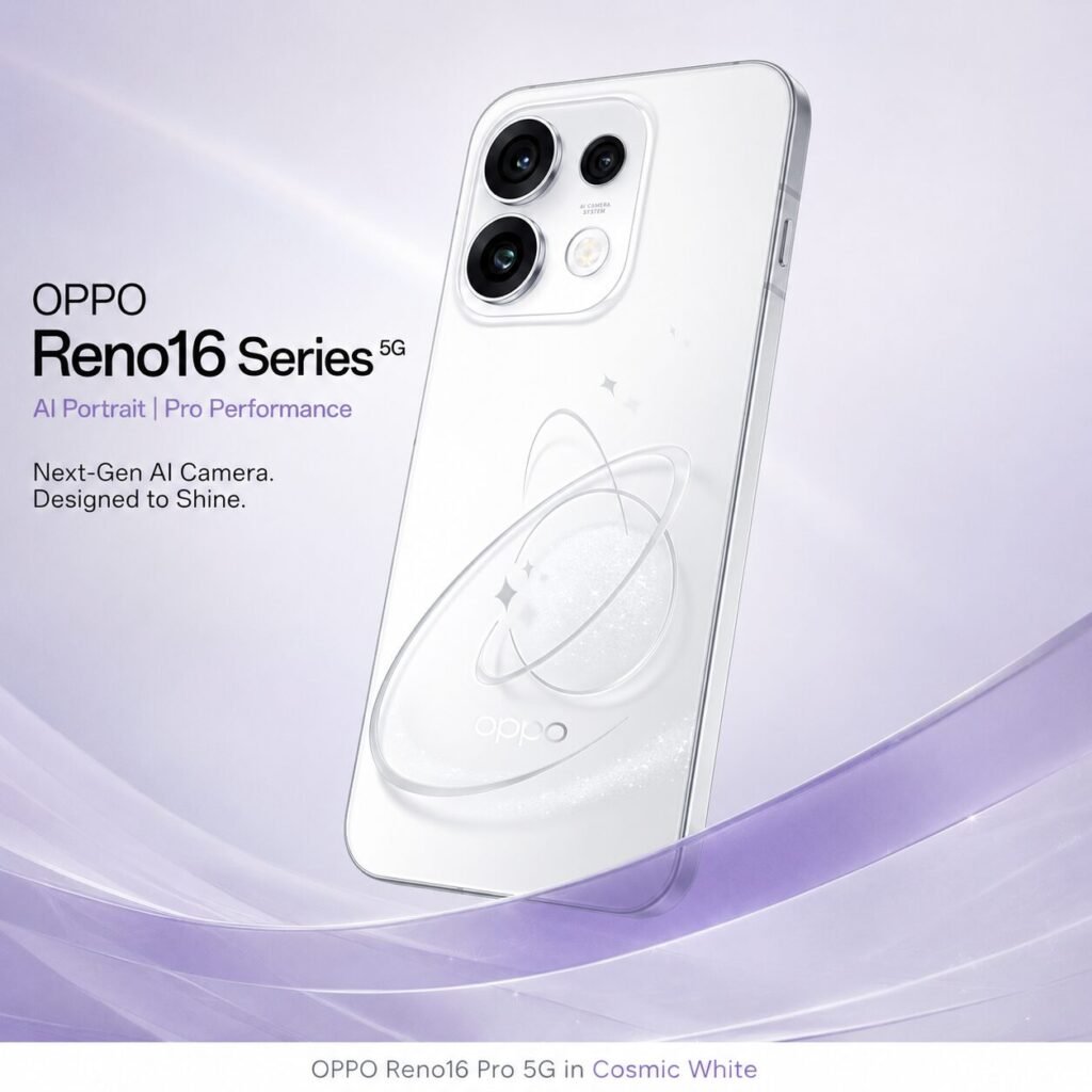 OPPO Reno16 Series 5G Launch in India Officially Confirmed 12 OPPO Reno16 Series 5G smartphone in Cosmic White color featuring a unique planetary-inspired design, dual-camera setup, and premium glossy finish against a soft purple gradient background.