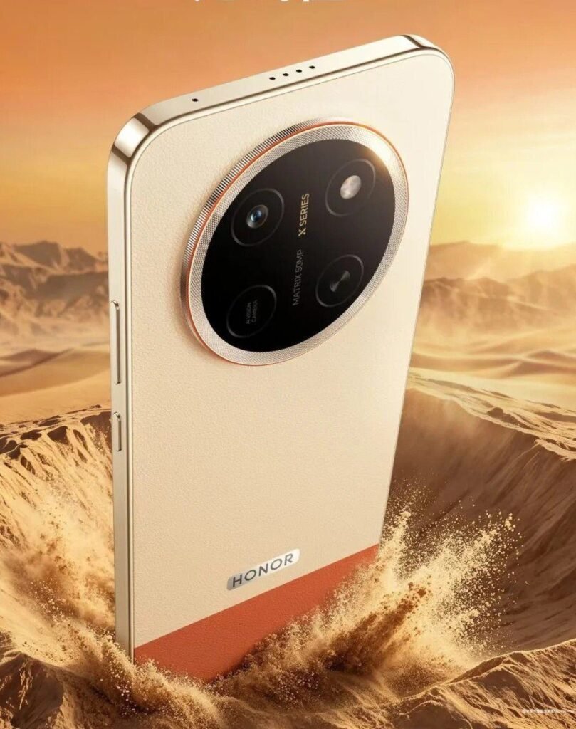 Honor X80 Pro Max Leak Reveals 11,000mAh Battery and a Stunning 10,000-Nit Display 12 Honor X80 Pro Max Desert Gold smartphone with circular camera setup and premium design.