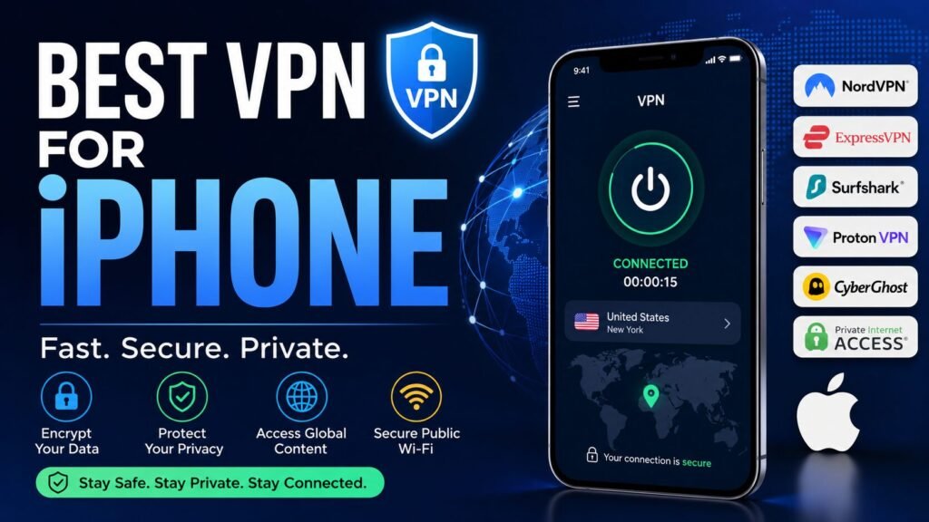 Best VPN for iPhone (2026): Top Secure & Fast VPNs for Privacy, Streaming & Safe Browsing 12 Best VPN for iPhone 2026 comparison featuring NordVPN, ExpressVPN, Surfshark, Proton VPN, CyberGhost, and Private Internet Access with a secure VPN connection on an iPhone.